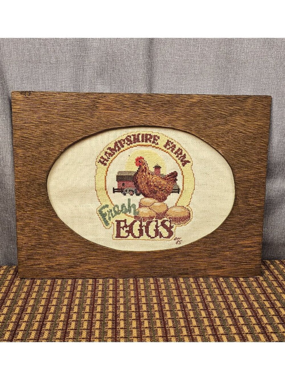Hampshire Farm Fresh Eggs Cross-Stitch Art In Rustic Wood Frame 11"x8" Signed 19